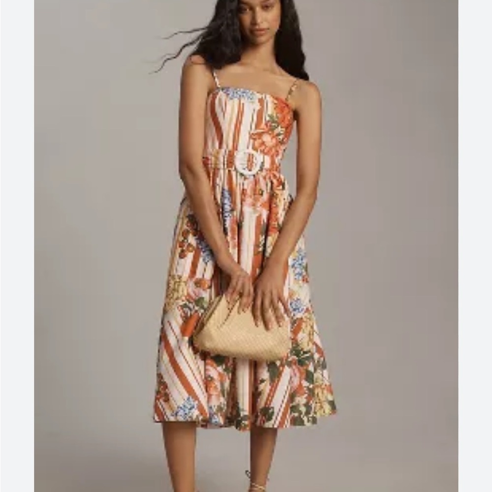 Anthropologie Maeve Strapless Belted A Line Midi Dress Red Floral Pockets XS NEW